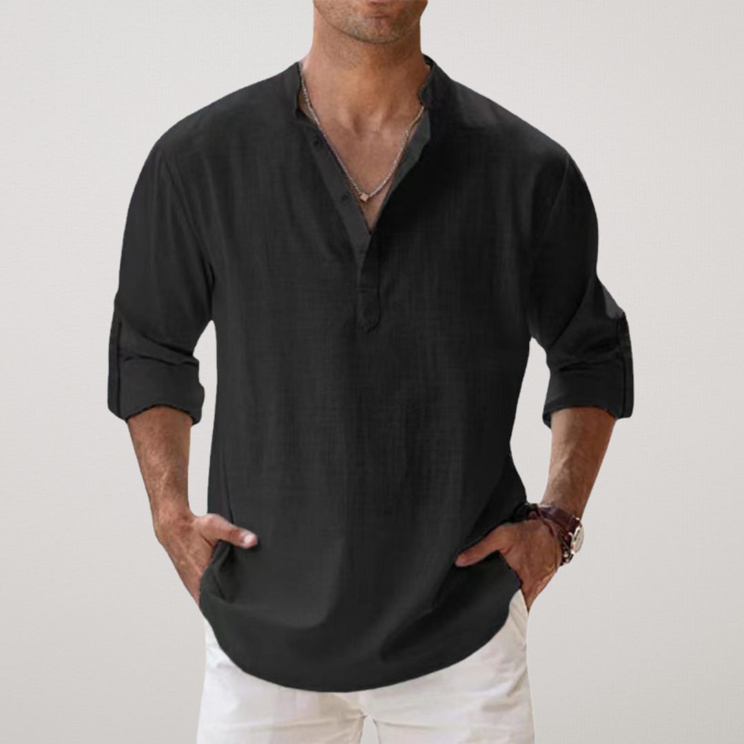 Lenoir™ - Henley skjorte i bomuld med linned effekt
