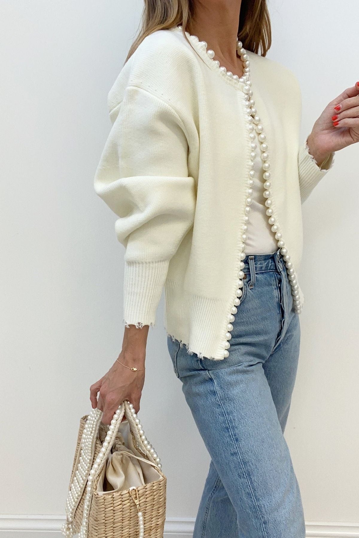 Cropped cardigan med perleknapper