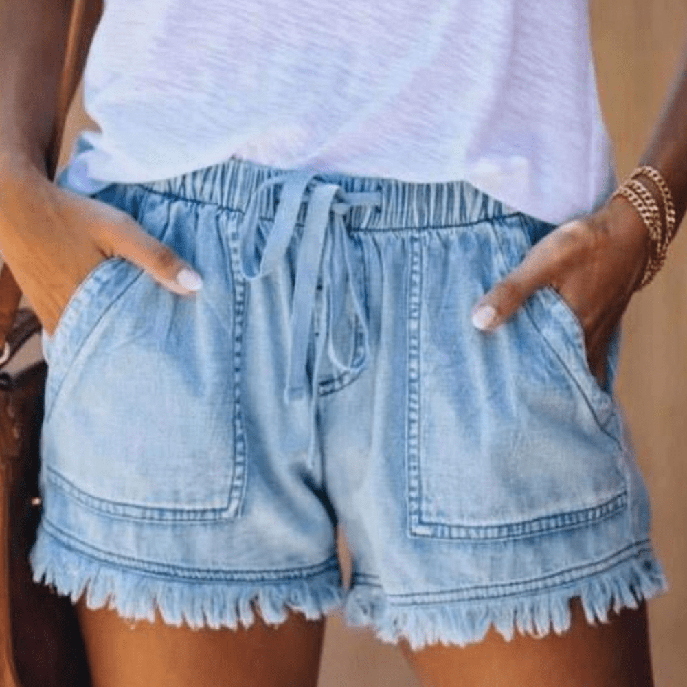 Højtaljede jeansshorts med bindebånd