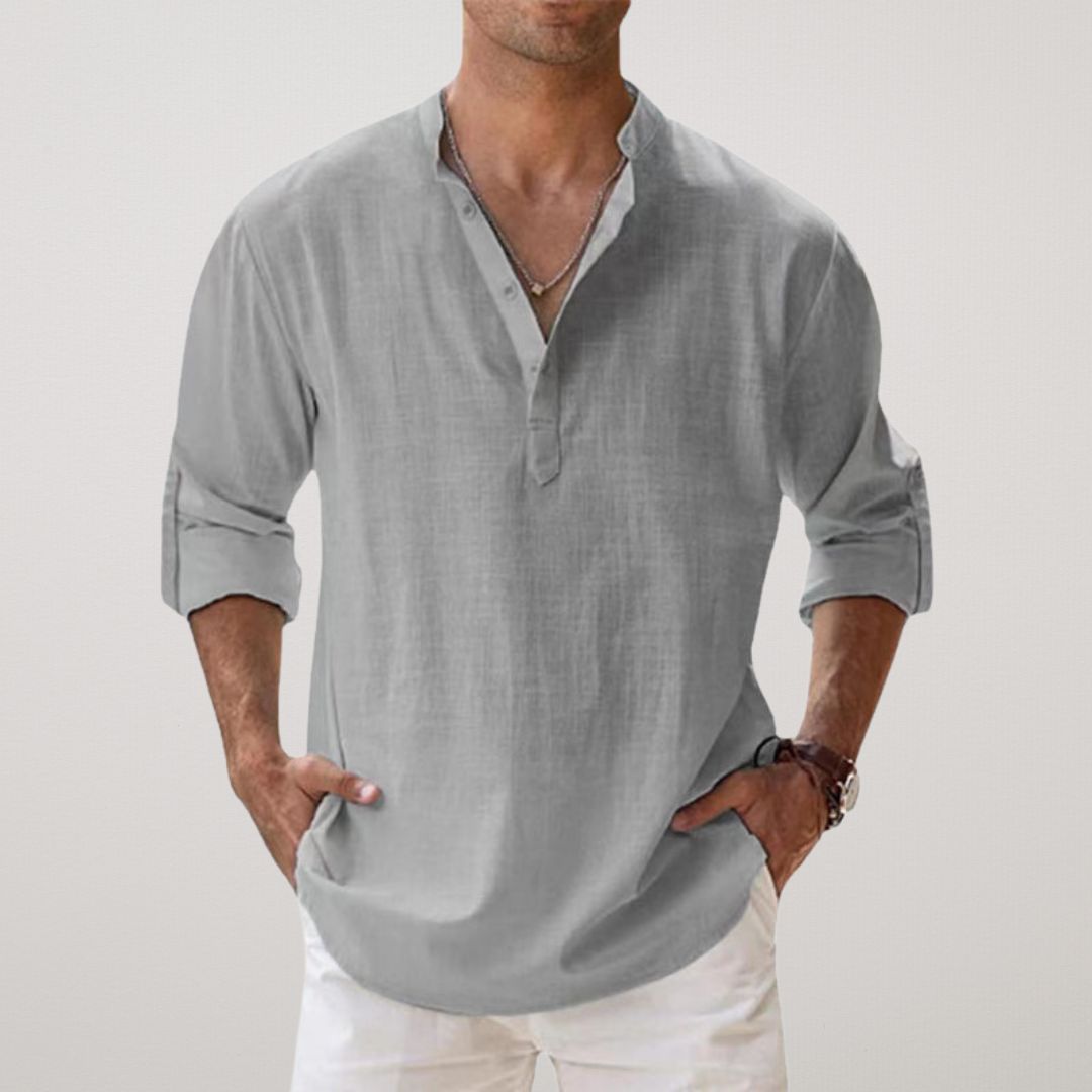 Lenoir™ - Henley skjorte i bomuld med linned effekt
