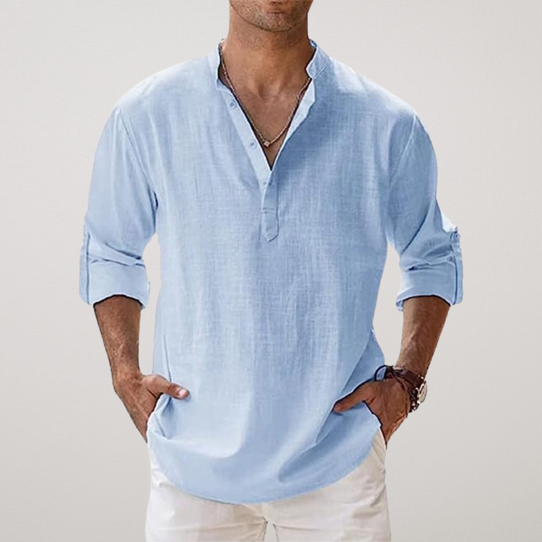 Lenoir™ - Henley skjorte i bomuld med linned effekt