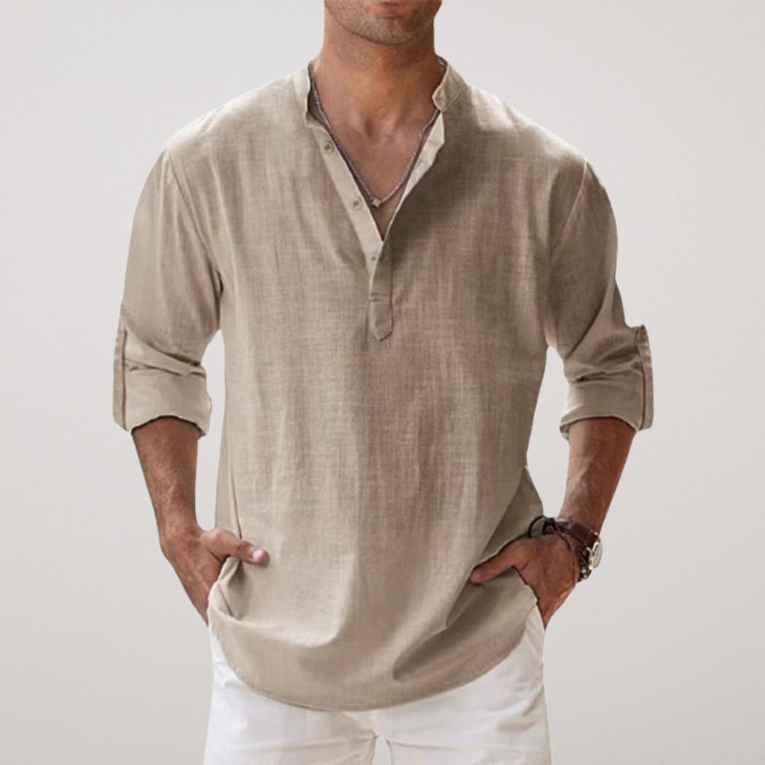 Lenoir™ - Henley skjorte i bomuld med linned effekt