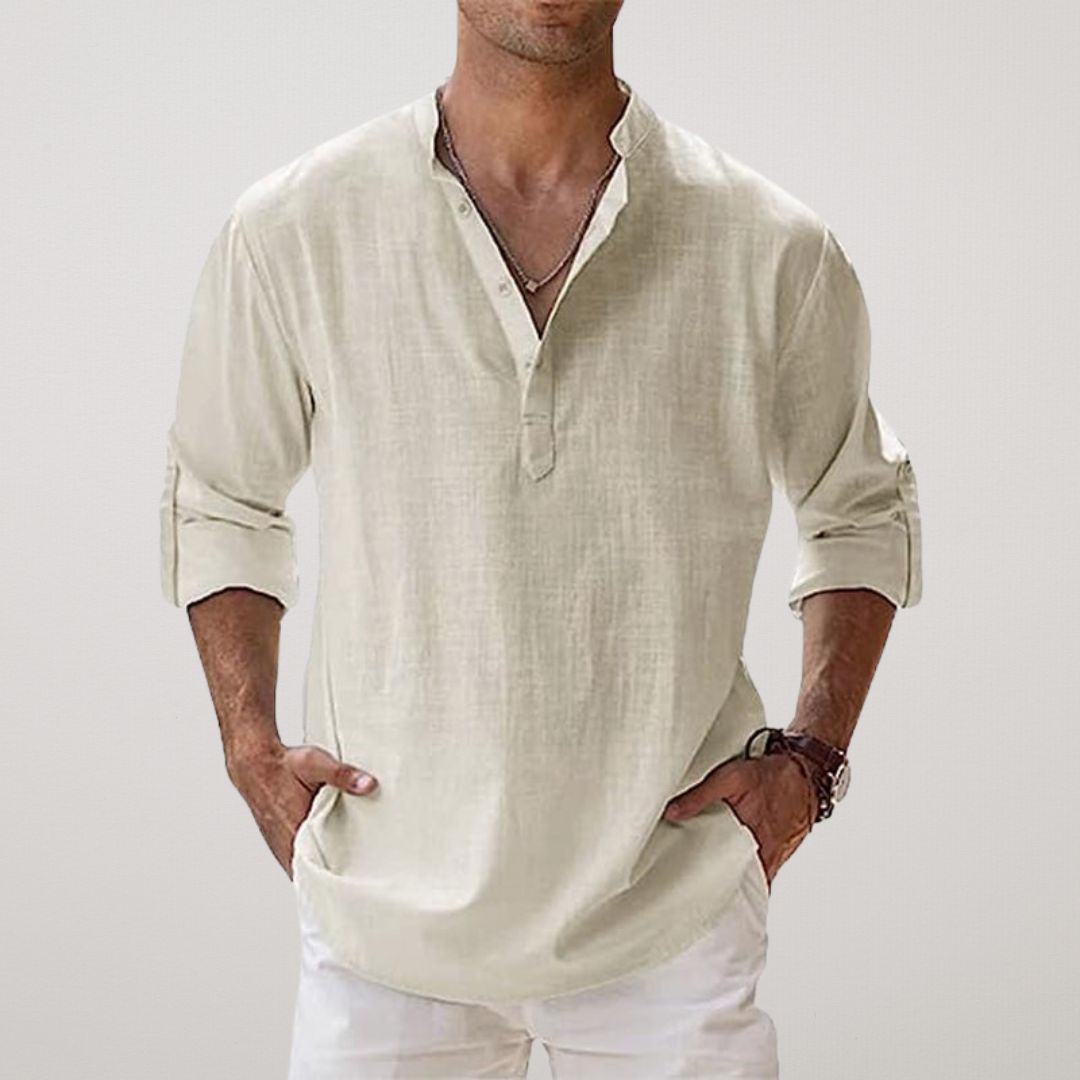 Lenoir™ - Henley skjorte i bomuld med linned effekt