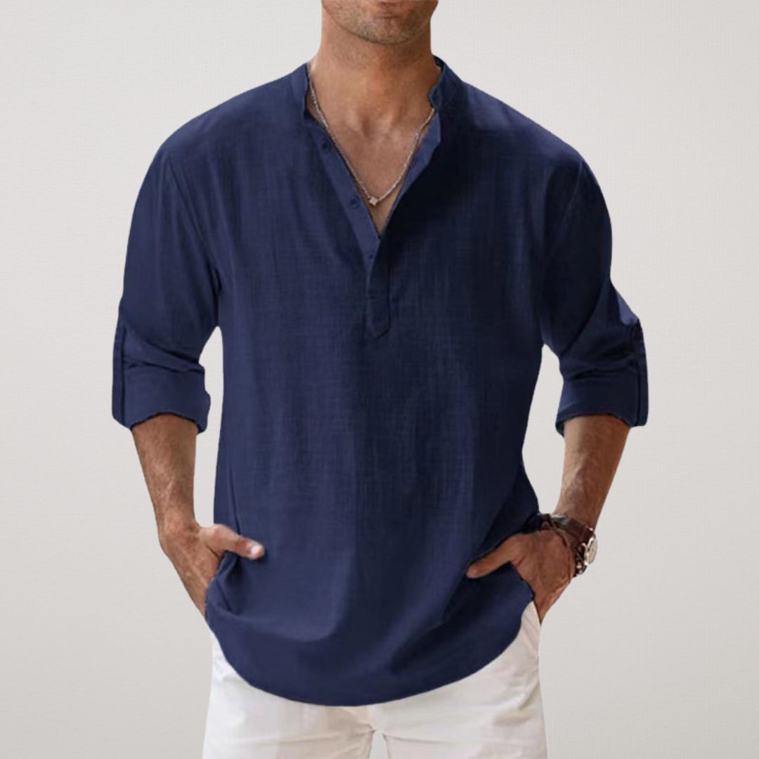 Lenoir™ - Henley skjorte i bomuld med linned effekt