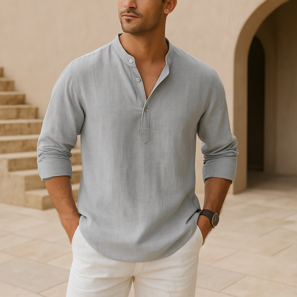 Lenoir™ - Henley skjorte i bomuld med linned effekt