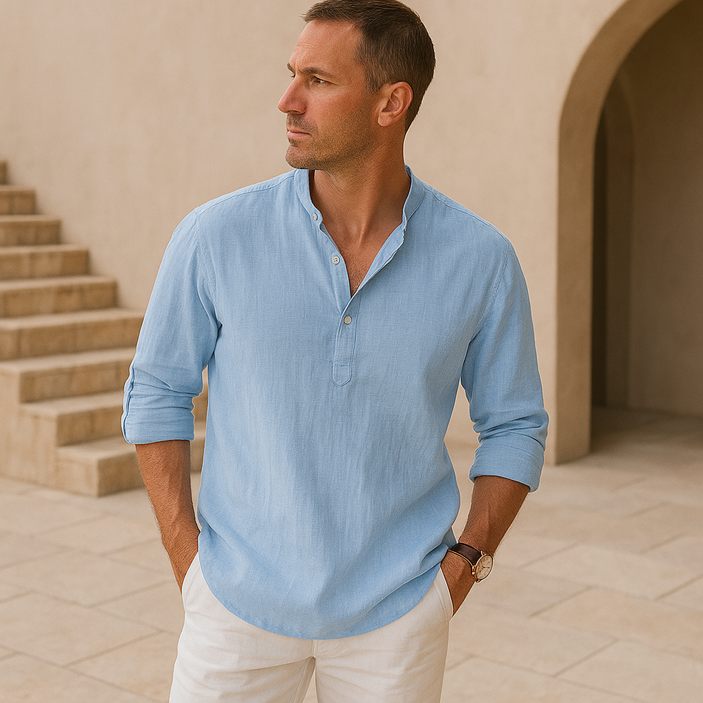 Lenoir™ - Henley skjorte i bomuld med linned effekt