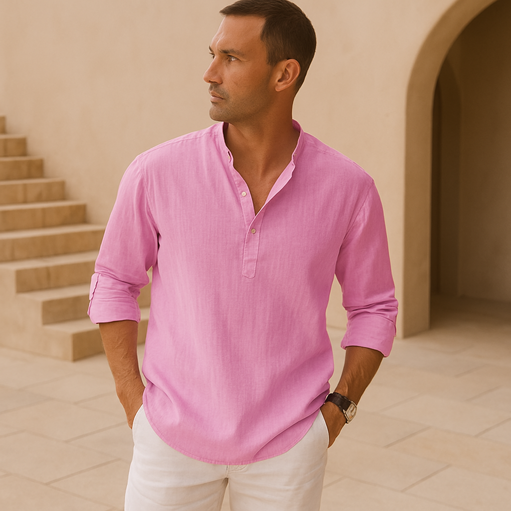 Lenoir™ - Henley skjorte i bomuld med linned effekt