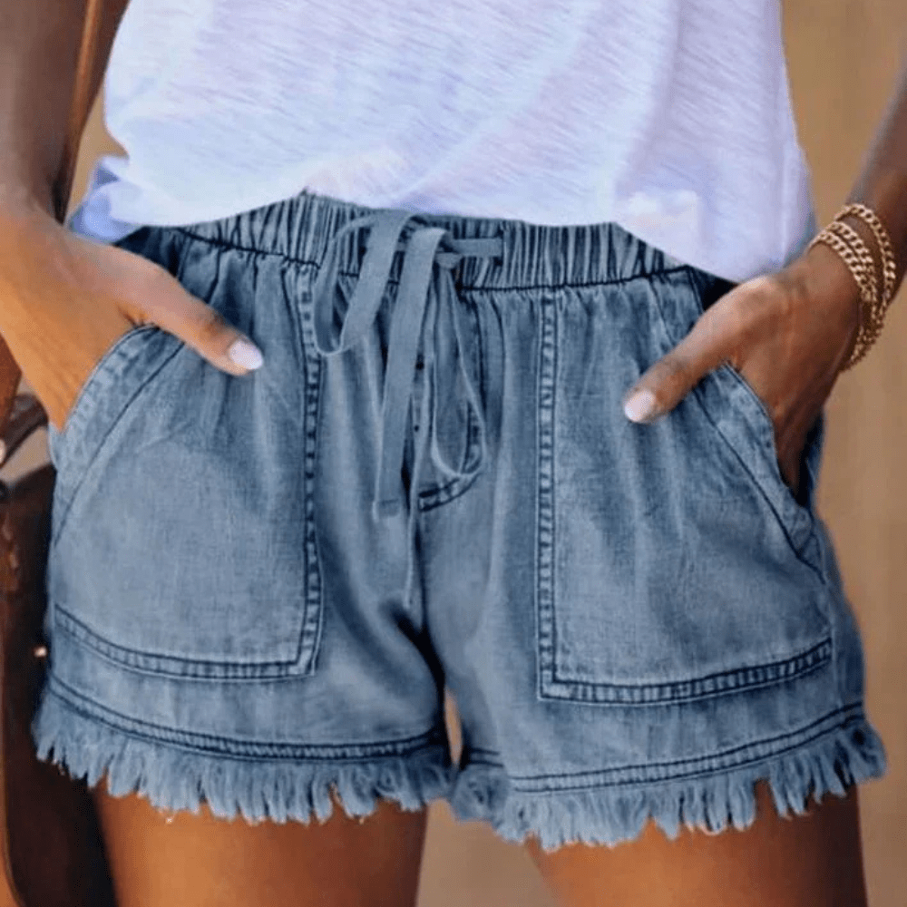 Højtaljede jeansshorts med bindebånd