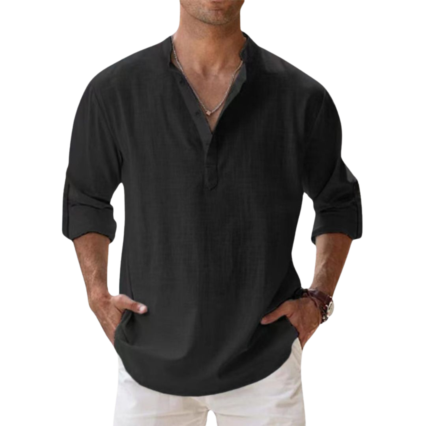 Lenoir™ - Henley skjorte i bomuld med linned effekt
